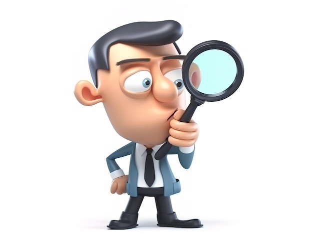 3d rendering search icon cartoon character holds large lens with magnifying glass clip art business science highlighted white background 728202 1233