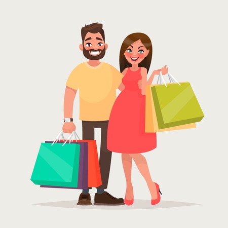 93878650 couple of young people shopping man and woman with packages vector illustration of a cartoon style