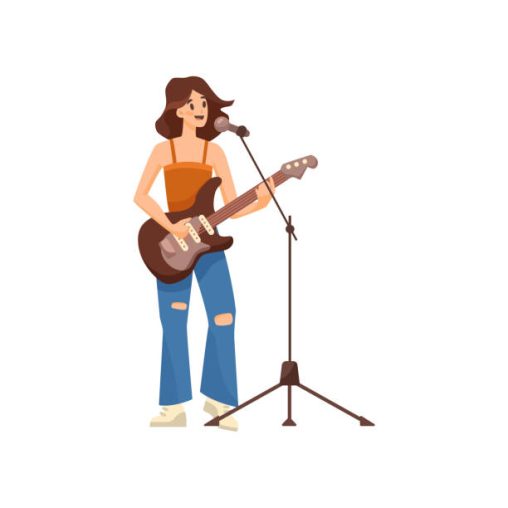 cartoon woman playing electric guitar vector illustration
