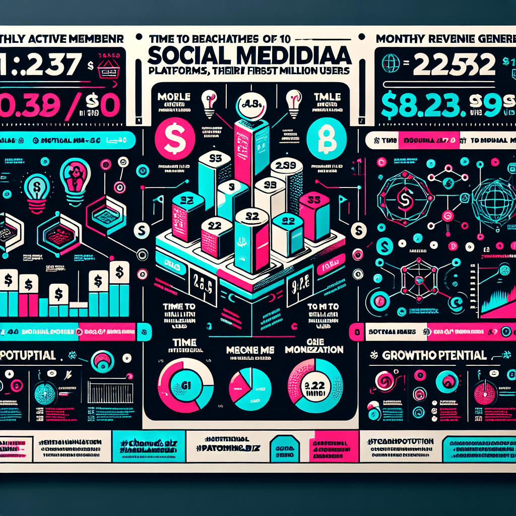 Got it! Here's the updated ChatGPT prompt: Write a detailed analysis comparing the top 10 social media platforms based on the following criteria: 1. Monthly Active Member Count 2. Monthly Revenue Generated 3. Time to Reach Their First Million Users Additionally, include a section explaining How Channels.biz is Poised to Build and Compete, emphasizing its innovative features such as AI, blockchain, and monetization opportunities. Use bold headlines for each section to organize the content clearly. Hashtags: #SocialMediaTrends, #PlatformComparison, #ChannelsBiz, #DigitalInnovation, #GrowthPotential, #TechFuture