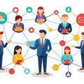 a varied team of professionals connect through a colorful network communicating and collaborating via different channels reflecting strong teamwork free vector