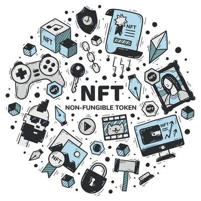 nft non fungible token set of icons in doodle style cryptocurrency and blockchain technology in the purchase of art paintings music and videos hand drawn blue circular concept vector