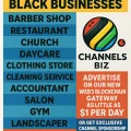 A colorful poster reads WANTED BLACK BUSINESSES and lists business types: barber shop, restaurant, church, daycare, clothing store, cleaning service, accountant, salon, gym, landscaper. It advertises web3 blockchain channel sponsorship.