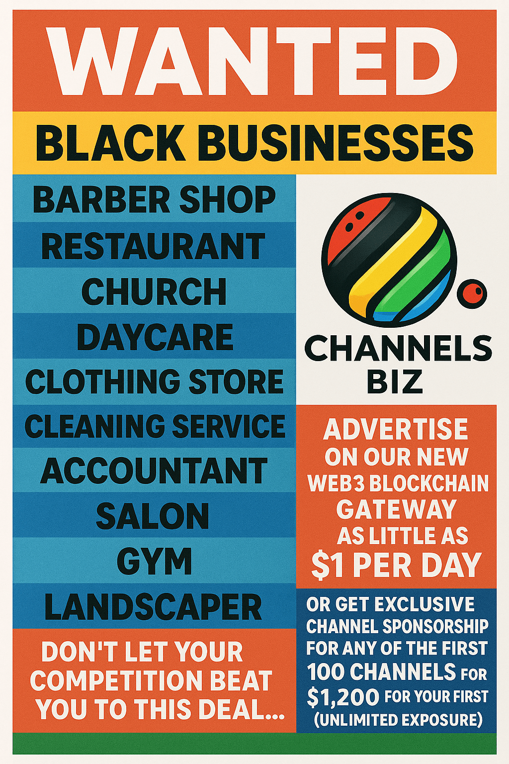 A colorful poster reads WANTED BLACK BUSINESSES and lists business types: barber shop, restaurant, church, daycare, clothing store, cleaning service, accountant, salon, gym, landscaper. It advertises web3 blockchain channel sponsorship.