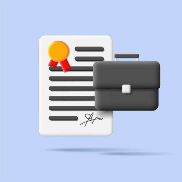 3d icon of a briefcase and contract document with stamp and signature