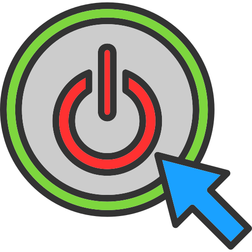 A gray power button with a red power symbol is outlined in green, and a blue computer mouse cursor is pointing toward it, illustrating User Activation.