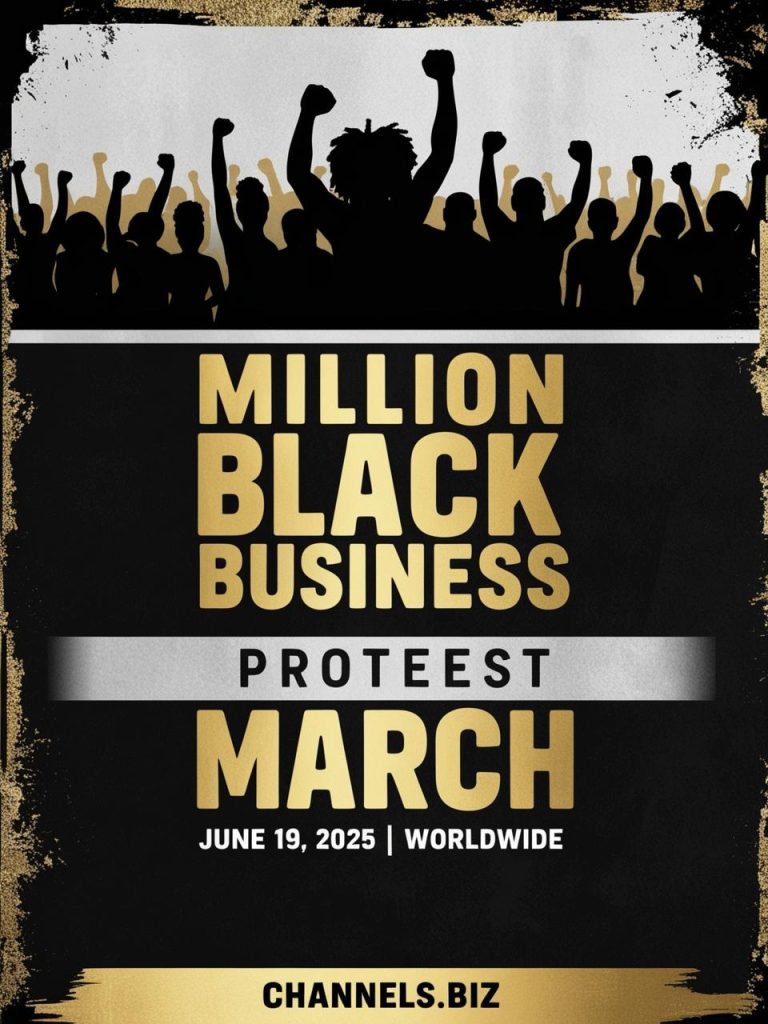Wide format protest poster black and gold color scheme. Top third shows a 20250520 122439 0000
