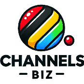 A colorful, striped sphere with vibrant segments and a small red dot sits above the bold, black text CHANNELS BIZ.