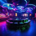 cropped interior of a nightclub with bright lights toned in blue colorful interior of bright and beautiful night club with dark seats and glowing lights ai generated free photo