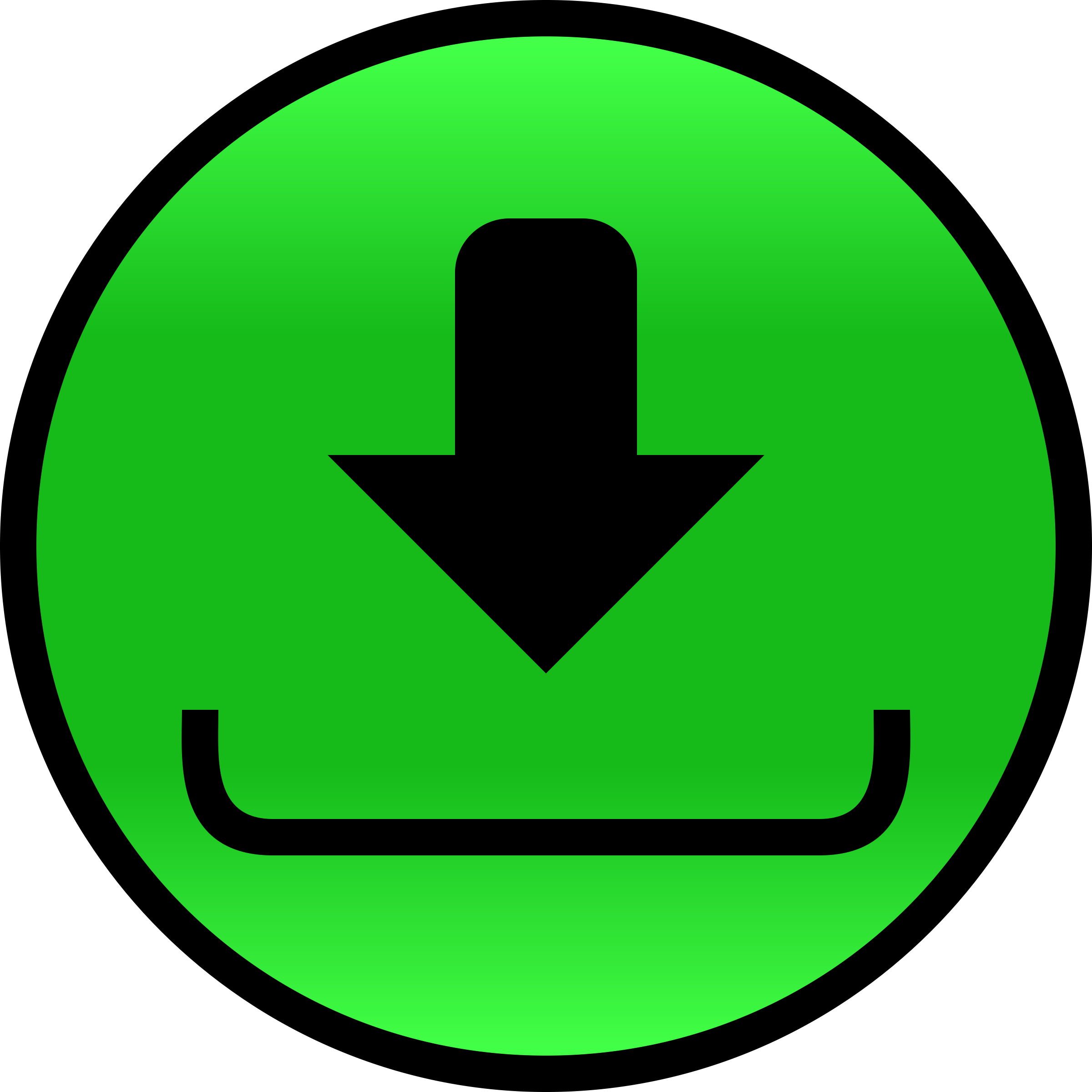 A black Add Download arrow icon pointing down into a tray, centered on a bright green circular background.