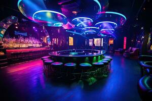interior of a nightclub with bright lights toned in blue colorful interior of bright and beautiful night club with dark seats and glowing lights ai generated free photo