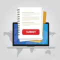 submit document online via laptop red button via internet upload application form resume white paper vector 97802442