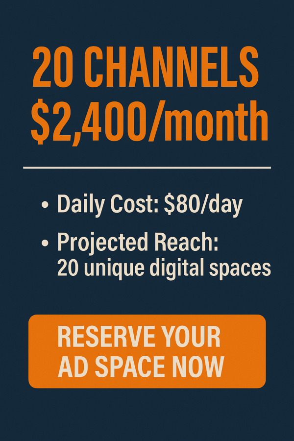 Secure **ad space on 20 premium channels** for **,400 per month