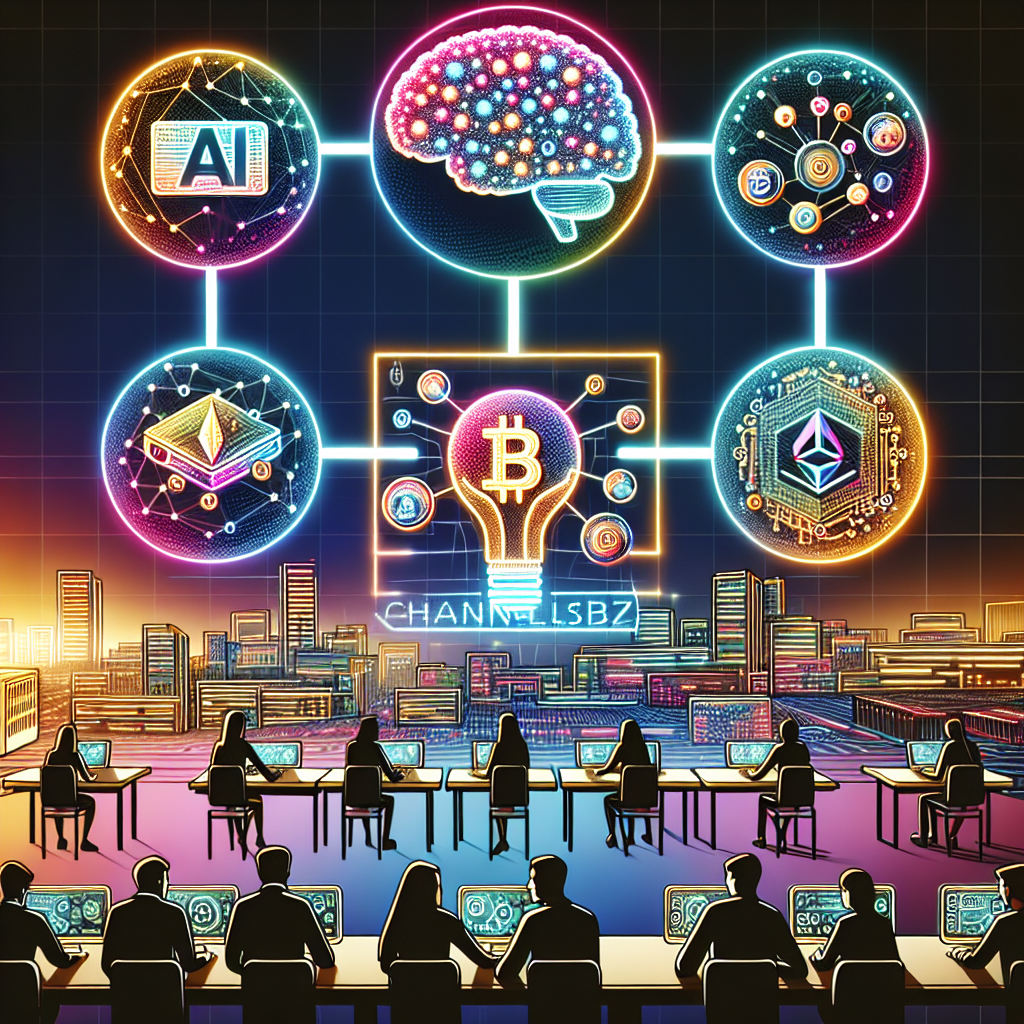 Futuristic city illustration showcasing AI, blockchain, cryptocurrency, and neural network technology concepts.