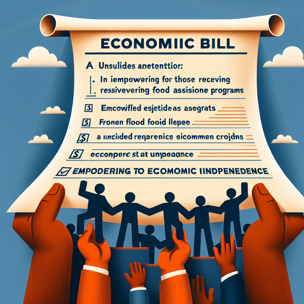 Diverse group holds a scroll titled "Economic Bill" detailing empowerment and food assistance for SNAP recipients.