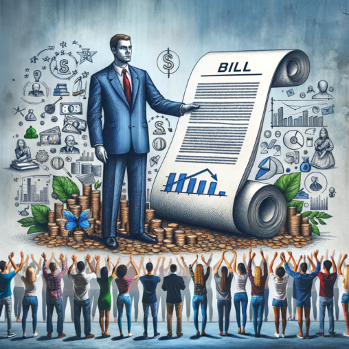 Businessman presents a large bill with financial icons to a diverse crowd, promoting economic independence for SNAP recipient