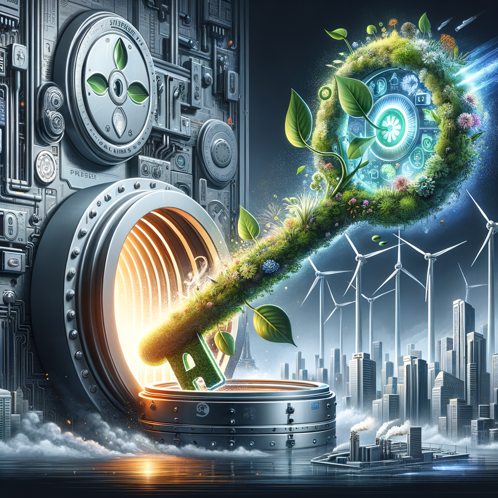 Futuristic green energy key unlocking sustainable technology in an eco-friendly cityscape with wind turbines.