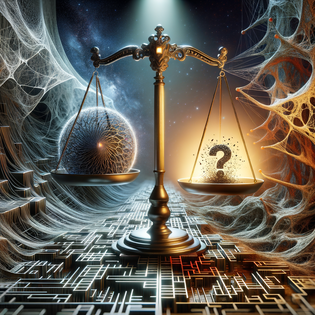 A golden balance scale weighing a spiky sphere against a glowing question mark in a cosmic web-like background.