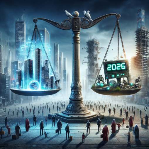 Futuristic cityscape on scales with '2026' above and crowds below, symbolizing Web3's uncertain future.