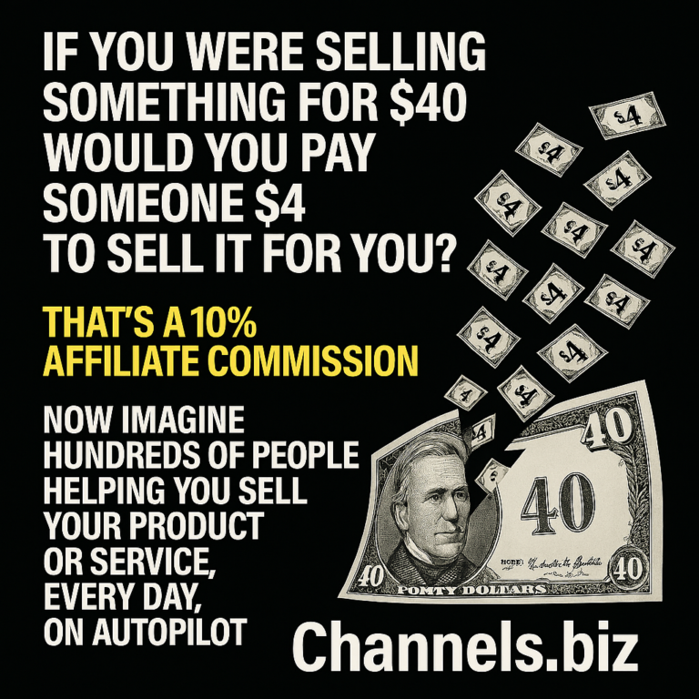 If you were selling something for $40 Would you pay someone $4 to sell it for you? That's 10% affiliate commission, now imagine hundreds of people helping you sell your product or service. That's Channel.biz 3 copilot image 1772590512335